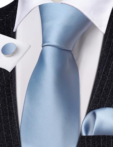 Image of Barry.Wang Plain Men Silk Ties Extra Long Satin Necktie for Wedding Business Handkerchief Cufflinks Set Solid Colors