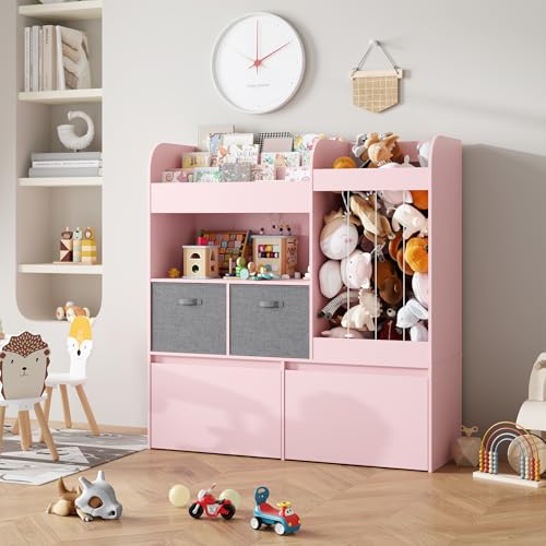 Image of 42.9'' Stuffed Animal Storage with Kids Bookshelf, Large Toy Storage with Toy Chest and Play Mat, Wooden Organization with 2 Movable Drawers, 3 Tier Bookshelf for Nursery Kids Room Playroom,Pink
