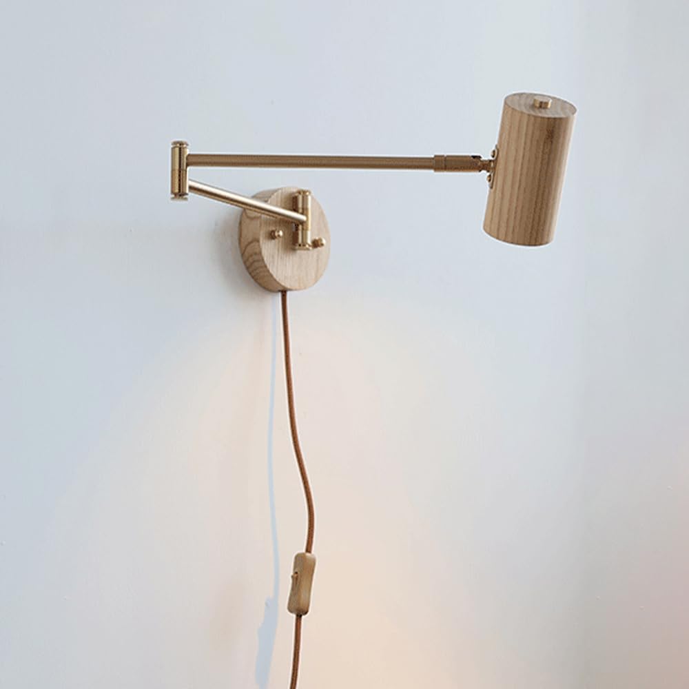 SXSCARKX Adjustable Plug-in Swing Arm Wall Lamp with Wood Mount, Reading Light for Living Room, Bedroom - Bedside Lamps