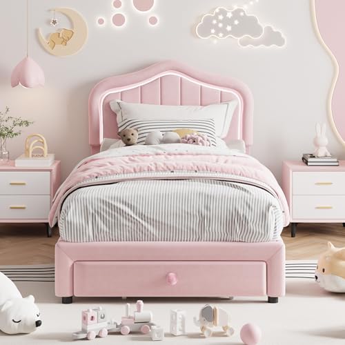 Image of GarveeLife Upholstered Platform Bed Frame with Storage Drawers, Smart RGB LED Crown Headboard, Wooden Slat Support, No Box Spring Needed, Noise-Free, Easy Assembly for Kids, Twin Pink
