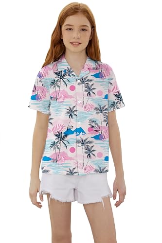 Image of SANGTREE Girls & Women's Hawaiian Shirts Button Down Short Sleeve Floral Tropical Shirt Beach Vacation Blouse Tops