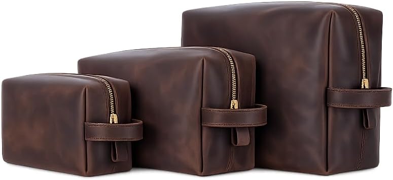 INCARNE Leather Toiletry Bag 3 Pcs Set for Men & Women - Premium Dopp Kit Travel Organizer - Cosmetic Makeup Bags - Handcrafted Bathroom Travel Organizer - Genuine Leather, Vintage Brown