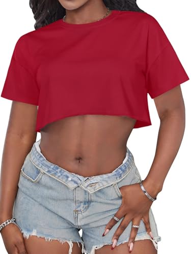 Image of Crop Tops for Women Oversized Short Sleeve T Shirts Crew Neck Cropped Tees