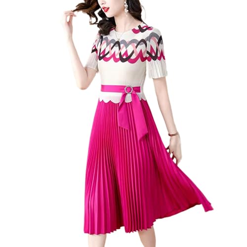 Robe midi plissée coupe ajustée - Robe d'été imprimée col rond femme