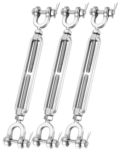 3/16" Stainless Steel Turnbuckle Tensioner M5 Heavy Duty Turnbuckles Jaw and Jaw Turnbuckle for Cables Wire Rope, Shade Sail, Zipline, Outdoor Applications, Cable Traction (3 Pack)