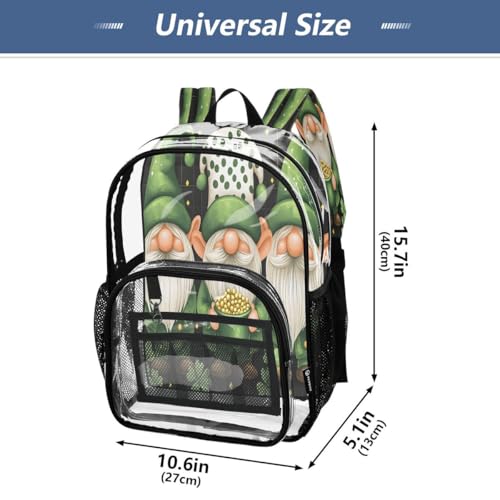 ALAZA Gnome Clover Leaf Patrick's Day Clear Backpack PVC Transparent Bookbag Heavy Duty for Student Boy Girl Kids Adult School Travel Work4