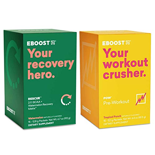EBOOST POW Pre-Workout and Rescue BCAA Packet Bundle - Pre and Post Workout Supplement Powder for Performance, Joint Mobility, Support Recovery, and Energy - Non-GMO, Gluten-Free, No Creatine
