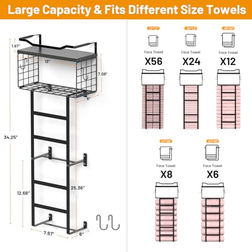 Towel Racks for Bathroom Black, 34IN Rolled Towel Holder, Towel Rack Wall Mounted with 2 Pack Shelf and a Wire Basket, Bathroom Towel Storage and Organizer, Sturdy Metal & Wood by LIDTOP - Used condition - Image 7