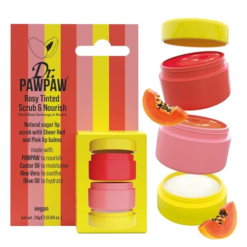 Dr.PAWPAW Scrub and Nourish Rosy Tinted Lip Balm Collection 24g, Natural Sugar Lip Scrub with Pink and Red Tinted Balms, Hydrating Exfoliating Lip Care in Stackable Pot
