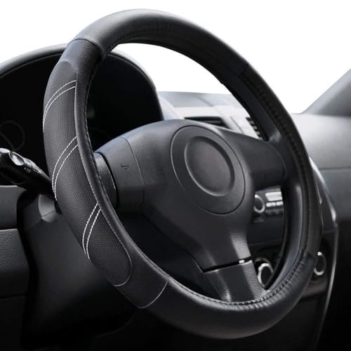 Funda para volante, para la mayoría de los coches, agarre elástico de cuero artificial, accesorio interior para todas las estaciones, se adapta a 35-38 cm de diámetro (negro)