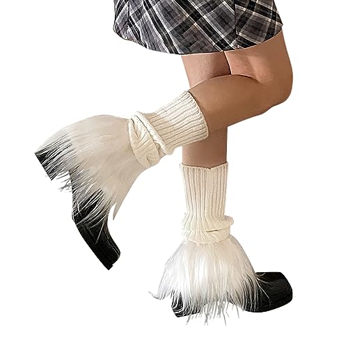 Image of Women Leg Warmer Girls Faux Fur Trim Knitted Leg Cover Lolita Winter Warm Long Socks Furry Boot Cuff