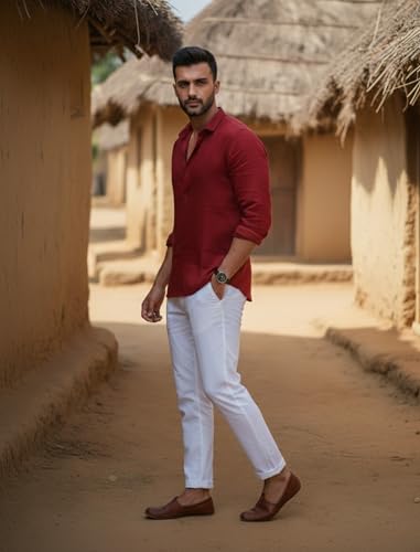 Image of Men's Cotton Blend Straight Kurta Shirt with Mandarin Collar - Slim Fit Casual Short Kurti Featuring Textured Slub Fabric and Roll-Up Full Sleeves