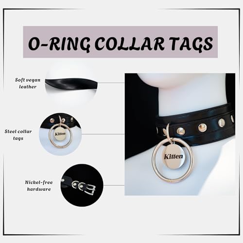 Black O-ring Leather Choker Collar for Women, Gothic Punk Style Adjustable Choker Necklace with Rivets and Engraved Letters Steel Tag3