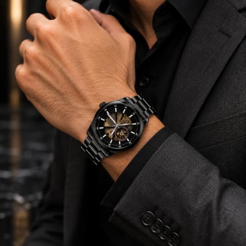 Image of Automatic Watches for Men, Black Analog Skeleton Mechanical Wrist Watch with Stainless Steel Chain, Black Dial, Self Winding Luxury Timepiece, Classic Waterproof Hand Watch