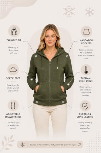 Image of HOODLIFE Women's Zip-Up Hoodie Sweatshirt - Soft Cotton Fleece Jacket with Hood, Full Zipper, Kangaroo Pocket, Casual Winter Hoodie for Women