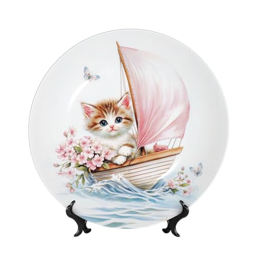 Piatti decorativi in porcellana Bone China con supporto, gattino acquerello in barca a vela fiori piatto da esposizione rotondo per cucina, sala da pranzo, armadietto del vino, decorazione per la casa
