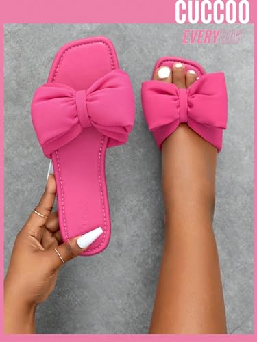 OYOANGLE Women's Bow Decor Square Open Toe Flat Sandals Solid Plain Lightweight Soft Slip on Dressy Slides2