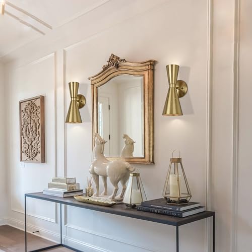 Image of Brass Wall Sconce, Mid Century Modern Sconce Wall Lighting, Up Down Gold Wall Sconces E12 Base, Vintage Farmhouse Wall Lights Hardwired Wall Lamps for Bedroom Bathroom Living Room Staircase