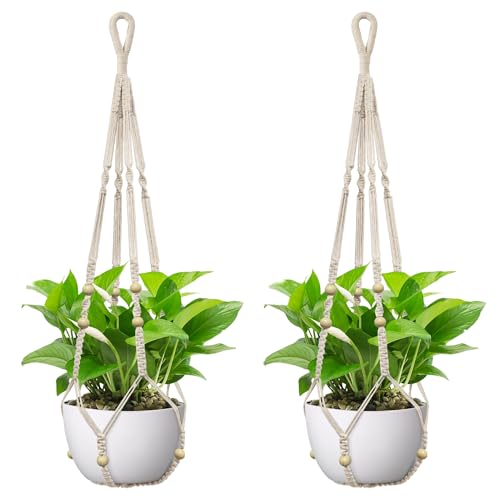 USLAI Macrame Plant Hanger Indoor Outdoor Fits 4 to 15 Inch Pots Strong Hanging Planter Holder Boho Home Decor 35+35 Inch Ivory (POTS NOT Included)