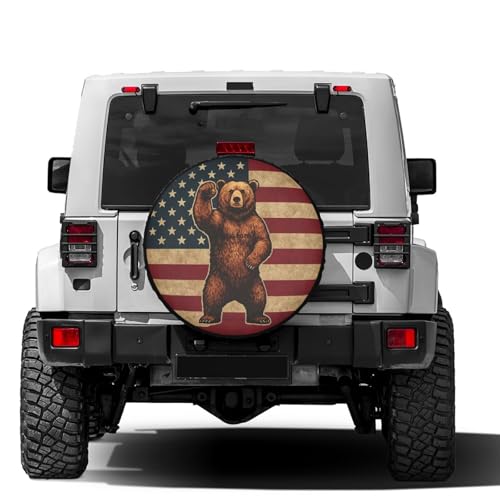 Image of Brown Bear American Flag Spare Tire Cover Dust-Proof Wheel Tire Cover Fit Trailer, RV, SUV and Many Vehicle 17 Inch