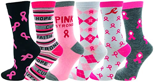 6 Pairs Womens Breast Cancer Awareness Socks, Pink Ribbon Soft Sport Sock Bulk Pack