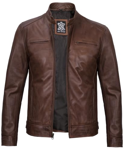 Image of fjackets Mens Leather Jacket - Real Lambskin Cafe Racer Jacket Stand Collar Moto Biker Zip Jacket For Men