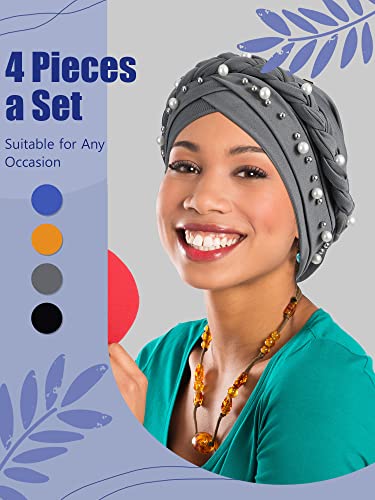 SATINIOR 4 Pieces African Women Turban Cap Beaded Headscarf Beanie Twisted Braid Wrap Hat Faux Pearl Headwrap, Black, Gray, Yellow, Royal Blue, M