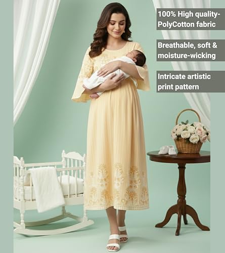 Image of DUMMY SHAPE Feeding Nighty | Maternity Dresses for Women Cotton Blend | Floral Pink Anarkali Kurta with Dual Nursing Zippers for Pregnancy & Breastfeeding | Gifts for Pregnant Women (