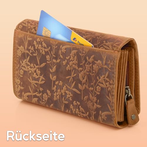 Portemonnee für Damen mit Blüten Muster RFID-Schutz, Leder Geldbörse Langformat mit Druckknopf (Braun) – Bild 4