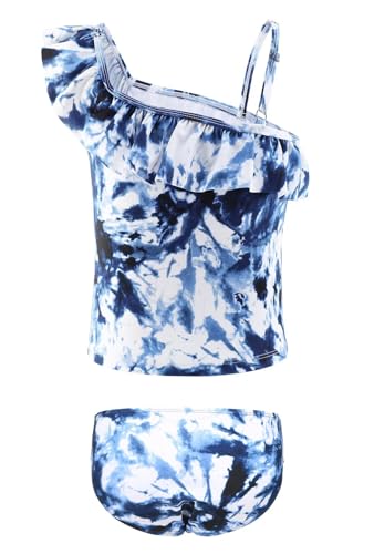 Image of Girls Two Piece Tankini Swimsuits Tie Dye Bathing Suit for Kids One Shoulder Swimwear 3-16 Years