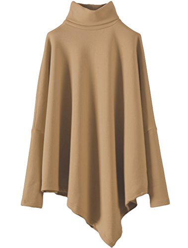 Minibee Women's Turtleneck Long Sleeve Asymmetric Hem Casual Tunic Tops Khaki XL