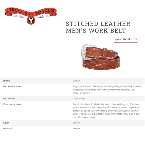 Circle Y Men's Stitched Leather 1 1/2" Wide Smooth Classic Work Belt with Regular Oil Finish & Silver Etched Removable Buckle4