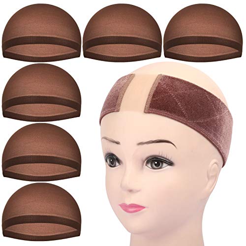 Wig Grip Band, FANDAMEI 1PCS Non-Slip Lace Velvet Wig Grip Headband + 6PCS Dark Brown Wig Caps. Adjustable Thin Lace Wig Headband&Nylon Stocking Caps for Wigs. Elastic Wig Headband, Keep Wig in Place