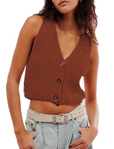 Womens Cropped Sweaters Vest Button Down V Neck Knit Sleeveless Crop Sweater 2025 Summer Casual Tank Tops