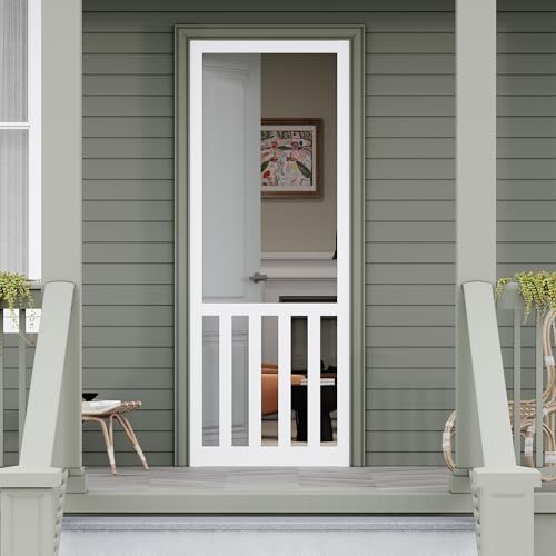 Front Wooden Screen Door for Swing Doors?32x80 Inch Solid Pine French Style with Universal Hinged Gauze Mesh Screen Door for Exterior/Interior?Pre-Assembled Easy Installation