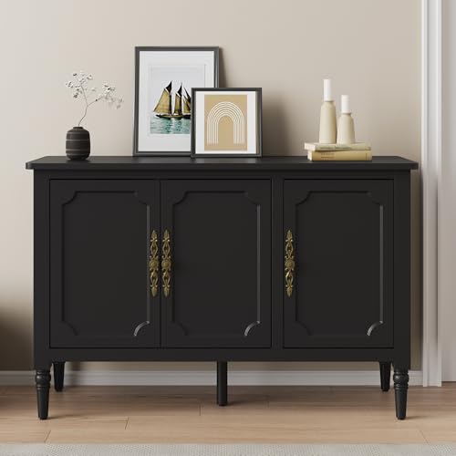Image of FansaFurn 3-Door Buffet Cabinet with Adjustable Shelves, Accent Sideboard with Turned Legs, Wood Pantry Cabinet, Mid-Century Storage Cabinet for Entryway, Living Room, Dining Room, Black