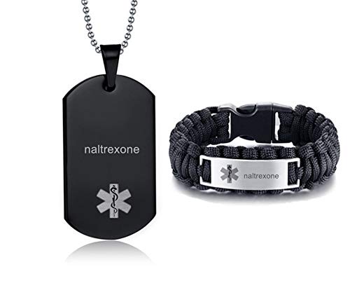 LF Stainless Steel Black Naltrexone Medical Alert Jewelry Sets Emergency ID Tag Caduceus Bracelet Necklace Sets,Naltrexone Medic Jewelry for Men(Medical Alert Necklace + Bracelet)