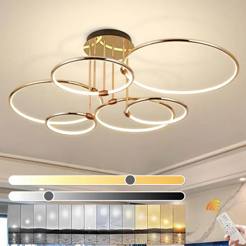 YYUTLUO LED Plafoniera, Ø105cm Lampadario Cerchio In Metallo Dorato, 145W Dimmerabile Continuo...