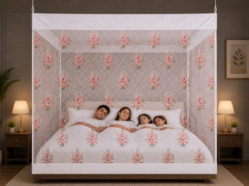 Image of ANS Premium Hanging Mosquito Net for Bed | XXL 6.5 x 10 ft | White Floral Print | Fine Mesh Protection | Cotton Border | Free Air Flow | Ideal for Large Size Bed & Joint of Single and Double Bed