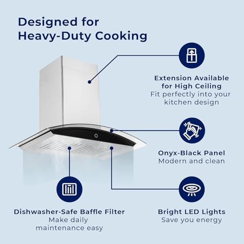 Image of Hauslane Wall Mount Range Hood 30 Inch | Contemporary Stainless Steel & Tempered Glass | Onyx Black Panel, 3-Speed Touch Control, LED Lights, Baffle Filters | Vented or Ductless with Charcoal Filters