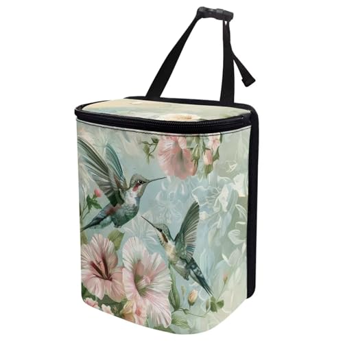Image of Talayituse Hummingbird Hibiscus Print Car Trash Can with Adjustable Straps, Foldable Car Trash Bag Bin Car Garbage Bag Multipurpose Storage Box for Vehicle Travel Camping Picnicing