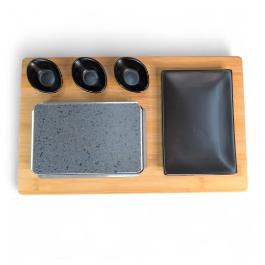 Black Rock Grill Steak Stone, Hot Stone Grill - Sizzling Hot Rock, Indoor Grill, Cooking Stone with Matt Black Ramekins and Side Plate (One Standard Set)