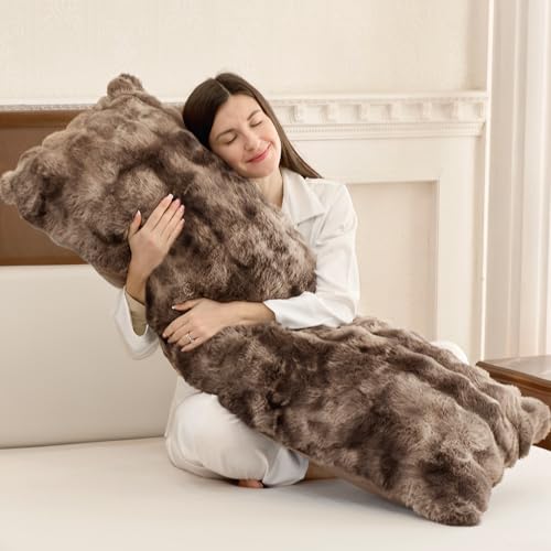 ZonLi Fluffy Body Pillow for Adults Fuzzy Faux Fur Long Pillow with Shredded Memory Foam Adjustable Support for Side Sleepers Gifts 20 x 54 Inch Brown