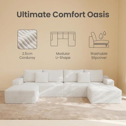 Image of Modular Cloud Sectional Sofa, Oversized Corduroy Boneless Couch | Luxury Comfort, Deep Seat, Couches for Living Room and Apartment, No Assembly Required
