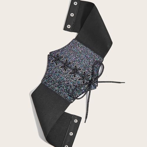 Wide Elastic Waist Belt Stretch Bling Lace Up Waspie Corset Cinch Waistband Dress Belts4