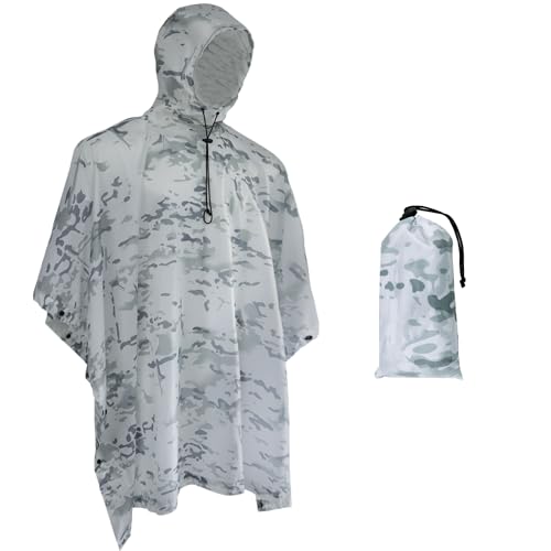 Fousam Rain Poncho, Military Tactical Poncho Camo Multi Use Waterproof Rain Coat, MC Snow 41"x55", M-L