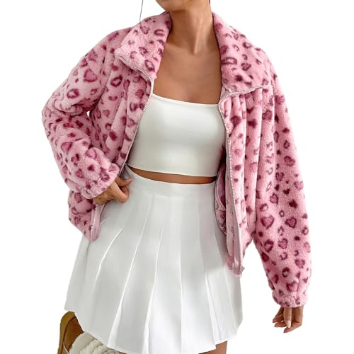 Generisch 2026 Chaqueta de invierno con estampado de leopardo de manga larga abrigo diseño corazón San Valentín, Rosa., S