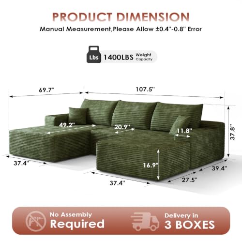 Image of Boneless Couch, Modular Sectional Couches for Living Room, U-Shaped Cloud Couch Sofa with Deep Seat, Fluffy Corduroy Upholstered Corner Sofa