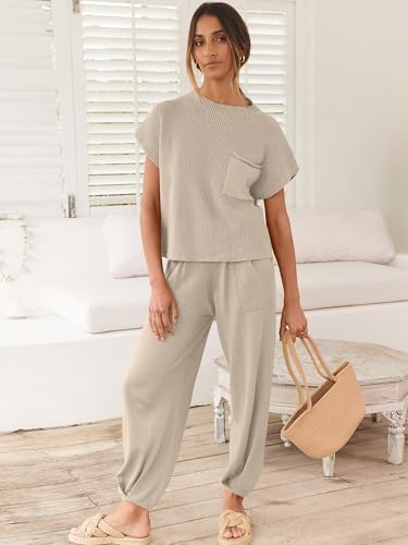 Image of ANRABESS Women's Two Piece Outfits Sweater Sets Knit Pullover Tops and High Waisted Pants Tracksuit Lounge Sets