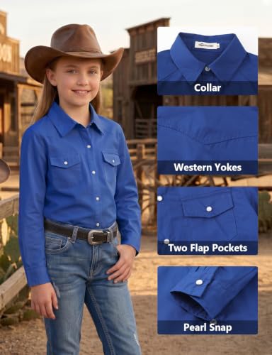 Image of Noomelfish Girls Long Sleeve Western Pearl Snap Button Down Shirt Cowgirl Outfits Blouse Tops (5-14 Years)